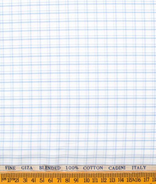 Cadini Men's Giza Cotton Checks  Unstitched Shirting Fabric (White & Blue)