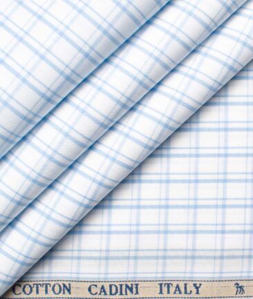 Cadini Men's Giza Cotton Checks  Unstitched Shirting Fabric (White & Blue)