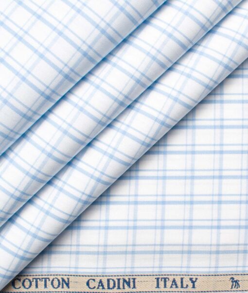 Cadini Men's Giza Cotton Checks  Unstitched Shirting Fabric (White & Blue)