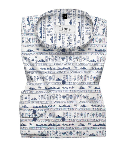 Canetti by Cadini Men's Premium Cotton Printed  Unstitched Shirting Fabric (White & Blue)