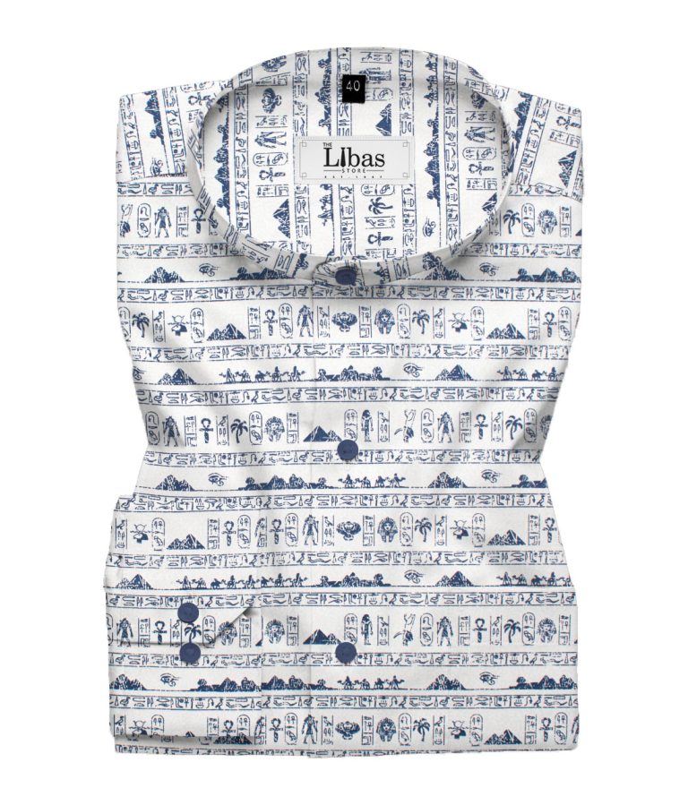 Canetti by Cadini Men's Premium Cotton Printed  Unstitched Shirting Fabric (White & Blue)