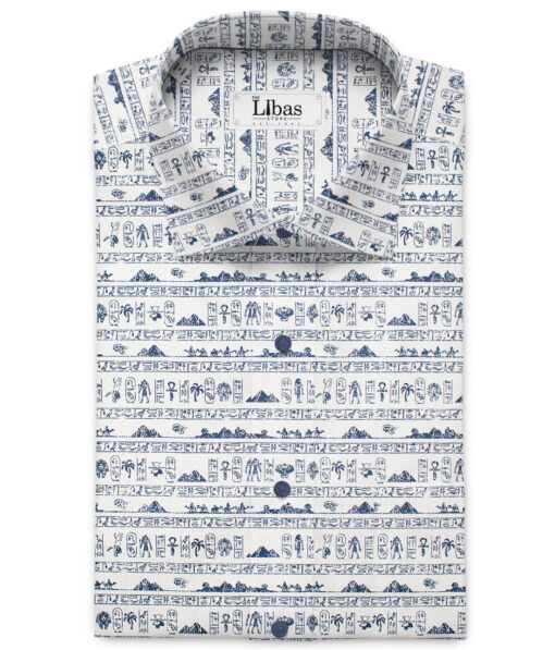 Canetti by Cadini Men's Premium Cotton Printed  Unstitched Shirting Fabric (White & Blue)