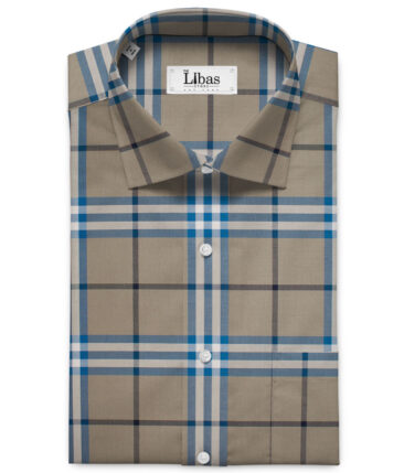 J.Hampstead Men's Giza Cotton Checks  Unstitched Shirting Fabric (Brown & Firozi)