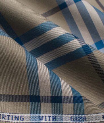 J.Hampstead Men's Giza Cotton Checks  Unstitched Shirting Fabric (Brown & Firozi)