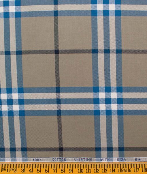 J.Hampstead Men's Giza Cotton Checks  Unstitched Shirting Fabric (Brown & Firozi)