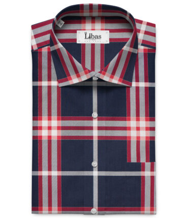 J.Hampstead Men's Giza Cotton Checks  Unstitched Shirting Fabric (Dark Blue & Red)