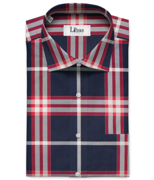 J.Hampstead Men's Giza Cotton Checks  Unstitched Shirting Fabric (Dark Blue & Red)