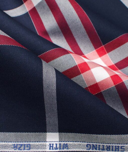 J.Hampstead Men's Giza Cotton Checks  Unstitched Shirting Fabric (Dark Blue & Red)