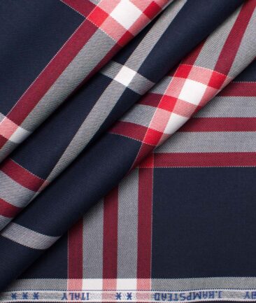 J.Hampstead Men's Giza Cotton Checks  Unstitched Shirting Fabric (Dark Blue & Red)