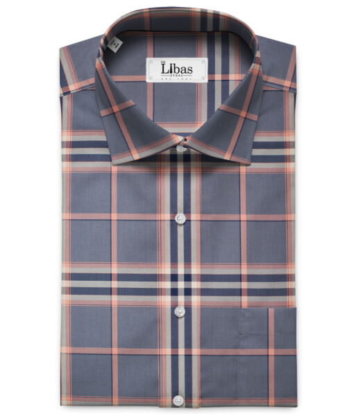J.Hampstead Men's Giza Cotton Checks  Unstitched Shirting Fabric (Grey & Peach)