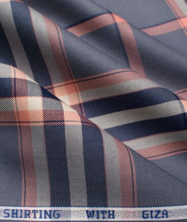 J.Hampstead Men's Giza Cotton Checks  Unstitched Shirting Fabric (Grey & Peach)