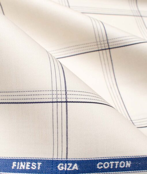 Tessitura Monti Men's Giza Cotton Checks  Unstitched Shirting Fabric (Cream & Blue)