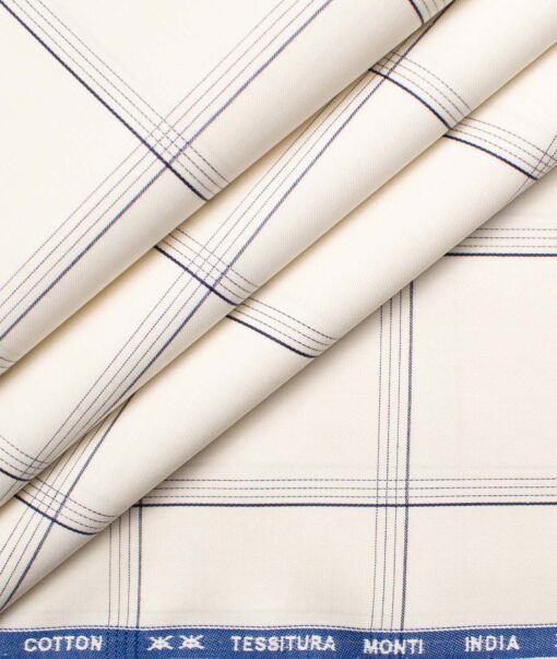 Tessitura Monti Men's Giza Cotton Checks  Unstitched Shirting Fabric (Cream & Blue)