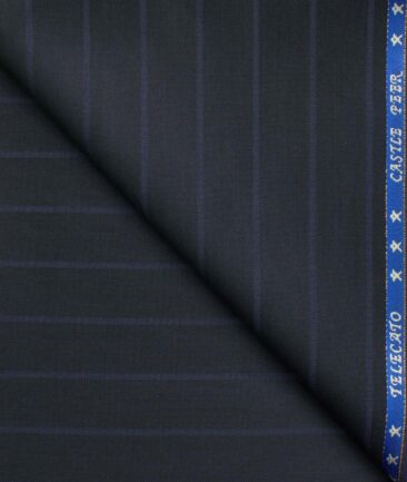 J.Hampstead Men's Wool Striped Super 100's  Unstitched Trouser Fabric (Dark Blue)
