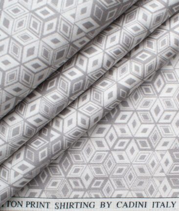 Cadini Men's Premium Cotton Printed 2.25 Meter Unstitched Shirting Fabric (White & Grey)