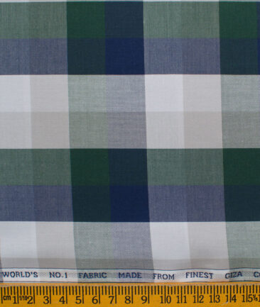 Luthai Men's Giza Cotton Checks 2.25 Meter Unstitched Shirting Fabric (White & Green)