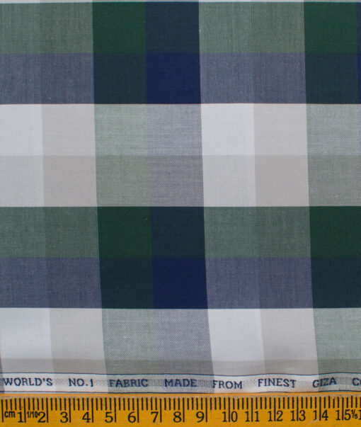 Luthai Men's Giza Cotton Checks 2.25 Meter Unstitched Shirting Fabric (White & Green)