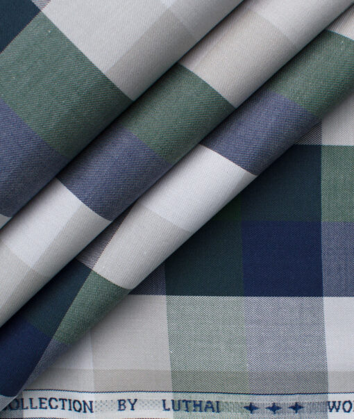 Luthai Men's Giza Cotton Checks 2.25 Meter Unstitched Shirting Fabric (White & Green)