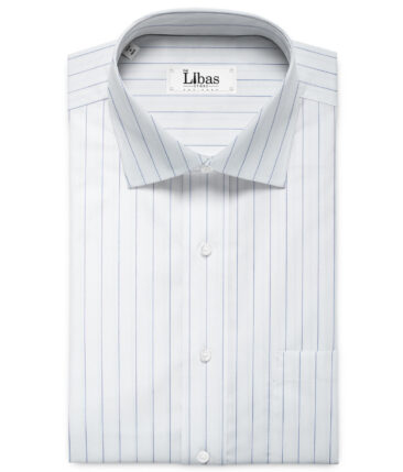 Luthai Men's Giza Cotton Striped 2.25 Meter Unstitched Shirting Fabric (White & Blue)