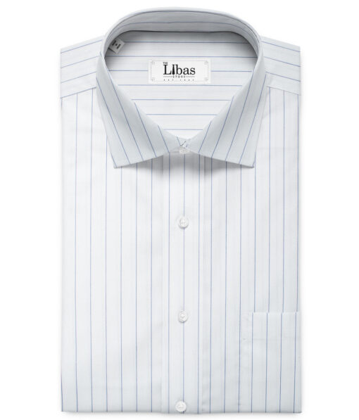 Luthai Men's Giza Cotton Striped 2.25 Meter Unstitched Shirting Fabric (White & Blue)