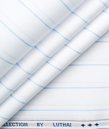 Luthai Men's Giza Cotton Striped 2.25 Meter Unstitched Shirting Fabric (White & Sky Blue)
