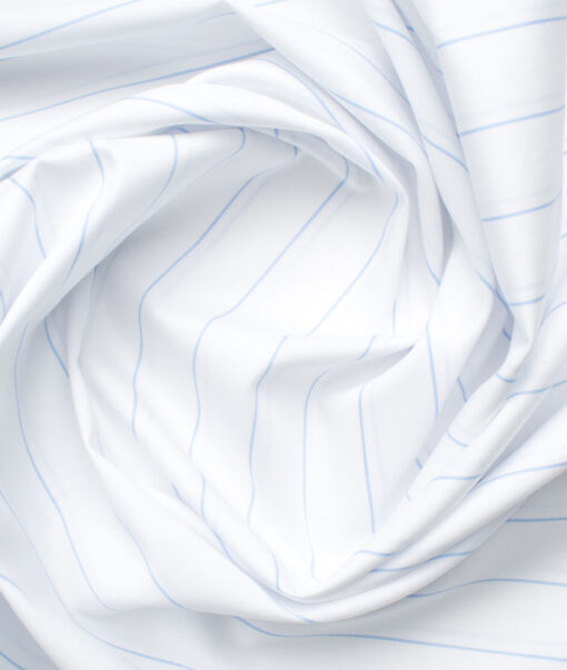 Luthai Men's Giza Cotton Striped 2.25 Meter Unstitched Shirting Fabric (White & Sky Blue)