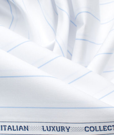 Luthai Men's Giza Cotton Striped 2.25 Meter Unstitched Shirting Fabric (White & Sky Blue)