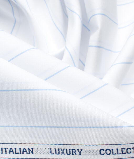Luthai Men's Giza Cotton Striped 2.25 Meter Unstitched Shirting Fabric (White & Sky Blue)