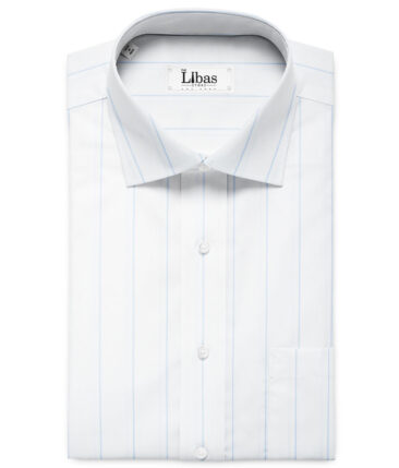 Luthai Men's Giza Cotton Striped 2.25 Meter Unstitched Shirting Fabric (White & Sky Blue)