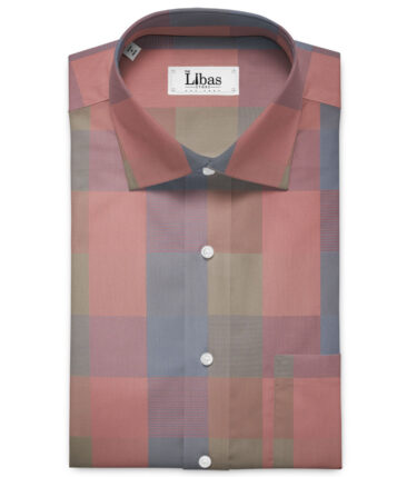 Soktas Men's Giza Cotton Checks 2.25 Meter Unstitched Shirting Fabric (Peach & Grey)