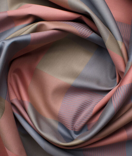 Soktas Men's Giza Cotton Checks 2.25 Meter Unstitched Shirting Fabric (Peach & Grey)