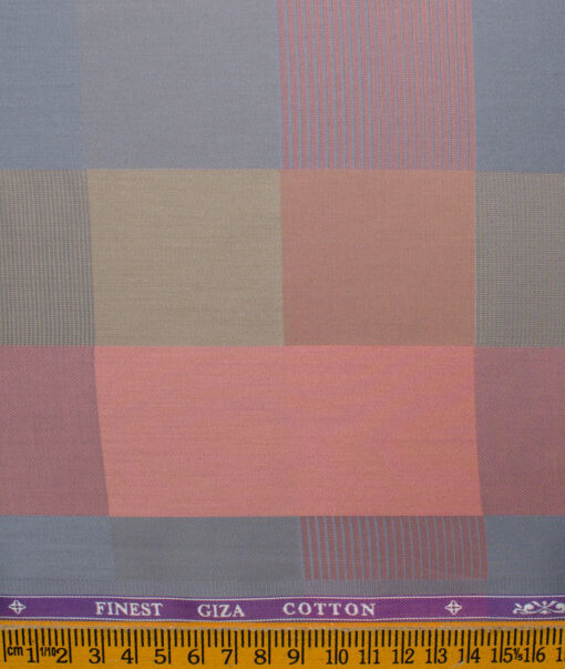 Soktas Men's Giza Cotton Checks 2.25 Meter Unstitched Shirting Fabric (Peach & Grey)