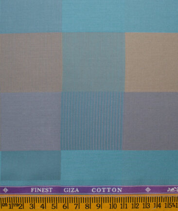 Soktas Men's Giza Cotton Checks 2.25 Meter Unstitched Shirting Fabric (Teal & Brown)