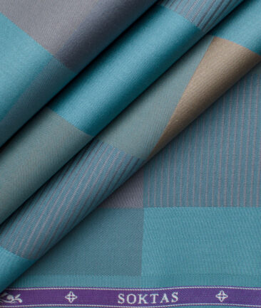 Soktas Men's Giza Cotton Checks 2.25 Meter Unstitched Shirting Fabric (Teal & Brown)