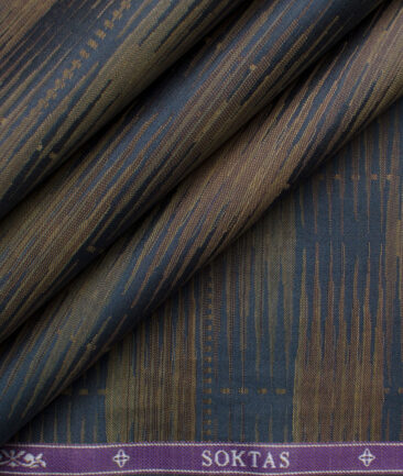 Soktas Men's Giza Cotton Self Design 2.25 Meter Unstitched Shirting Fabric (Light Brown & Blue)