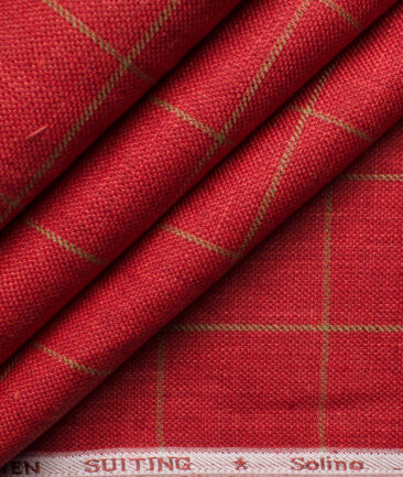 Solino Men's Linen Checks 3.75 Meter Unstitched Suiting Fabric (Red)