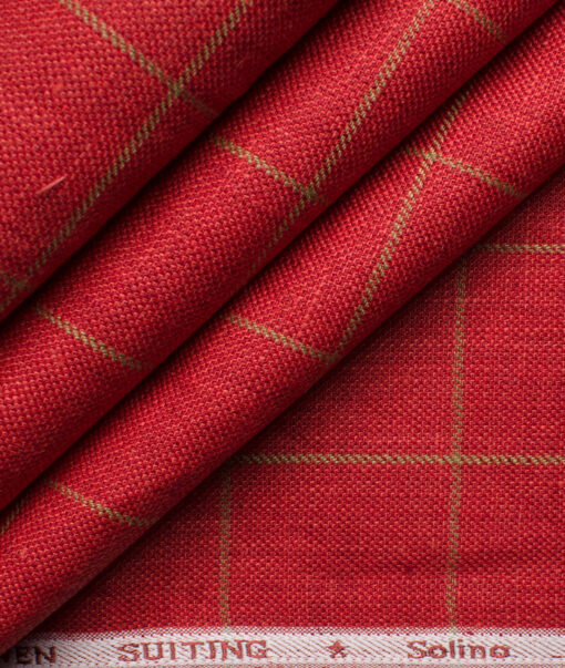 Solino Men's Linen Checks 3.75 Meter Unstitched Suiting Fabric (Red)