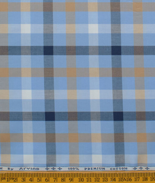 Arvind Men's Premium Cotton Checks 2.25 Meter Unstitched Shirting Fabric (Sky Blue)
