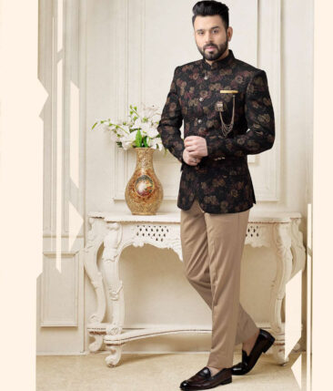 B-Posh Men's Polyester Printed 2.25 Meter Unstitched Ethnic Fabric (Black & Gold)