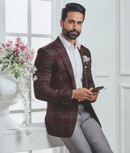 B-Posh Men's Terry Rayon Checks 2.25 Meter Unstitched Jacketing & Blazer Fabric (Maroon)