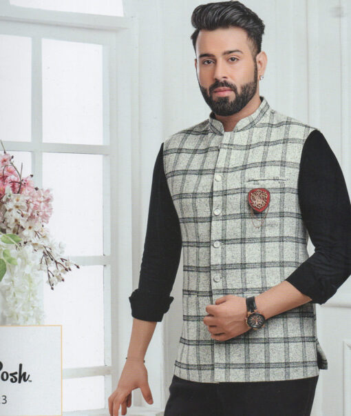 B-Posh Men's Terry Rayon Checks 2.25 Meter Unstitched Jacketing & Blazer Fabric (White & Black)