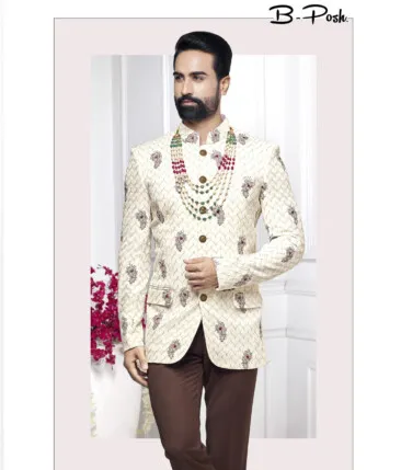 B-Posh Men's Terry Rayon Self Design 2.25 Meter Unstitched Ethnic Fabric (White)