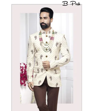 B-Posh Men's Terry Rayon Self Design 2.25 Meter Unstitched Ethnic Fabric (White)