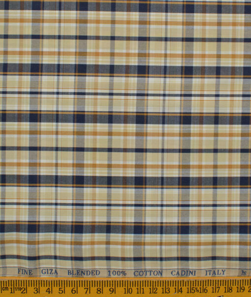 Cadini Men's Giza Blend Cotton Checks 2.25 Meter Unstitched Shirting Fabric (Beige & Blue)