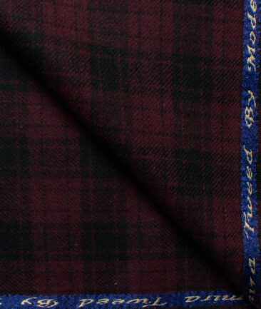 Modella Men's Acrylic Checks 2.25 Meter Unstitched Faux Tweed Jacketing & Blazer Fabric (Black & Maroon)