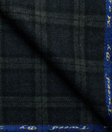 Modella Men's Acrylic Checks 2.25 Meter Unstitched Faux Tweed Jacketing & Blazer Fabric (Dark Blue & Grey)