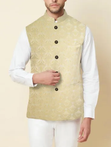 Mark & Peanni Men's Terry Rayon Self Design  Unstitched Ethnic Fabric (Beige) - Image 2