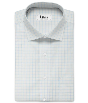 Cotton Fusion Men's Cotton Blend Wrinkle Free Checks 2.25 Meter Unstitched Shirting Fabric (White & Sky Blue)