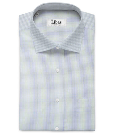 Cotton Fusion Men's Cotton Blend Wrinkle Free Checks 2.25 Meter Unstitched Shirting Fabric (White & Sky Blue)
