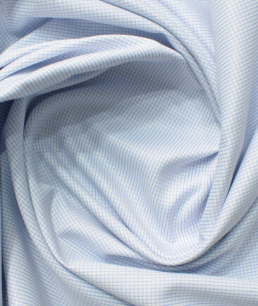 Cotton Fusion Men's Cotton Blend Wrinkle Free Checks 2.25 Meter Unstitched Shirting Fabric (White & Sky Blue)